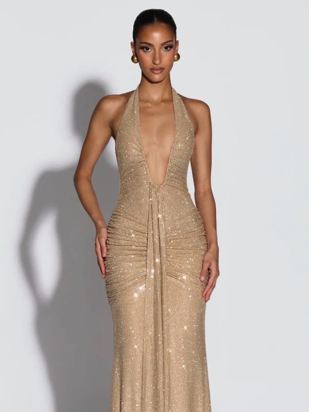 Baby Boo Gold Halter Sequin Evening Gown